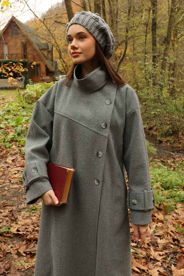 Dik Yaka Kruvaze Kaban Gri - 10