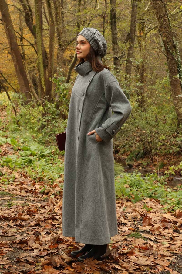 Dik Yaka Kruvaze Kaban Gri - 11