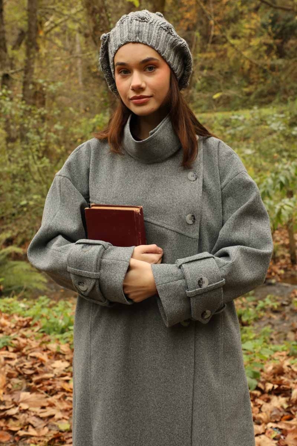 Dik Yaka Kruvaze Kaban Gri - 15