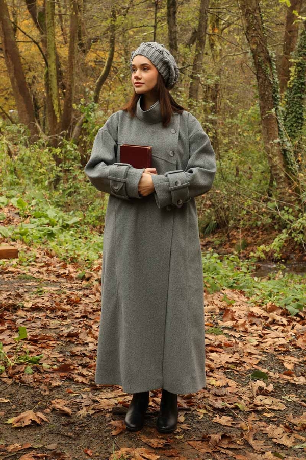 Dik Yaka Kruvaze Kaban Gri - 16