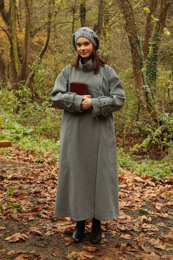 Dik Yaka Kruvaze Kaban Gri - 17