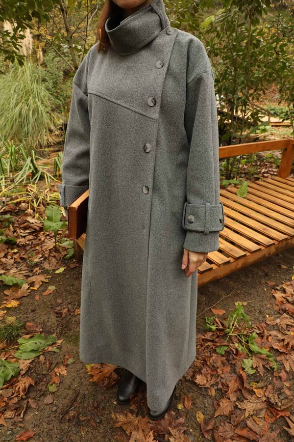 Dik Yaka Kruvaze Kaban Gri - 22