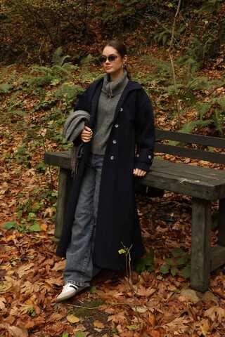 Dik Yaka Kruvaze Kaban Lacivert - 1