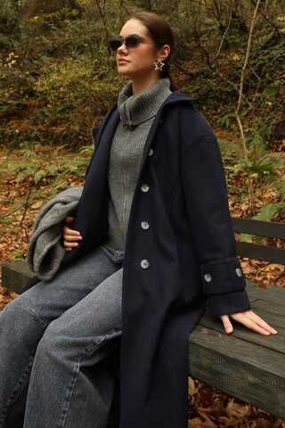 Dik Yaka Kruvaze Kaban Lacivert - 3