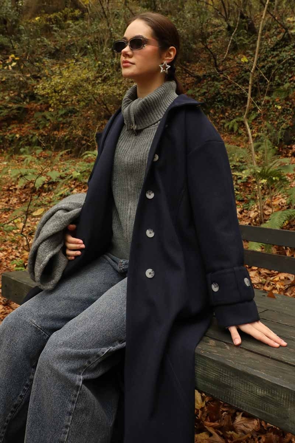 Dik Yaka Kruvaze Kaban Lacivert - 3