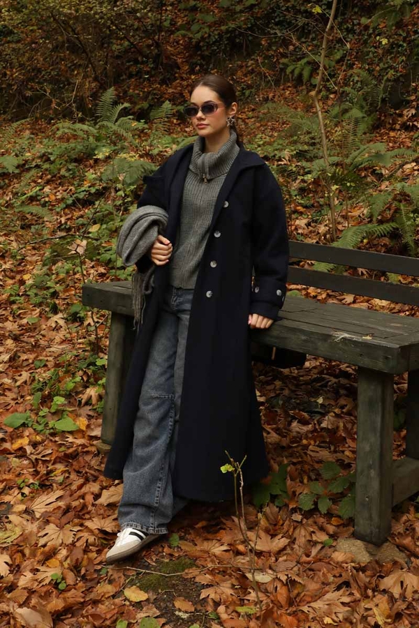 Dik Yaka Kruvaze Kaban Lacivert - 1