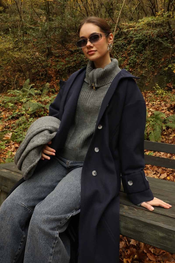 Dik Yaka Kruvaze Kaban Lacivert - 2