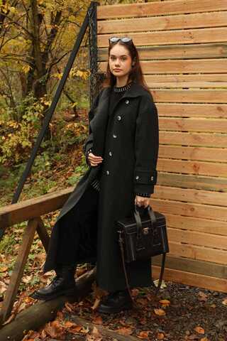 Dik Yaka Kruvaze Kaban Melanj Siyah - 2