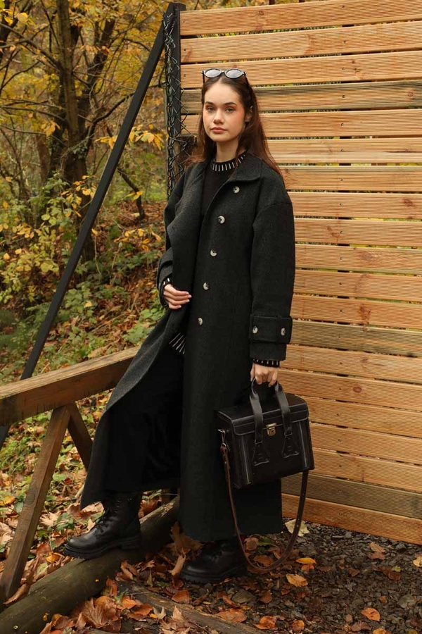 Dik Yaka Kruvaze Kaban Melanj Siyah - 2