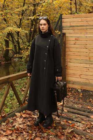 Dik Yaka Kruvaze Kaban Melanj Siyah - 1