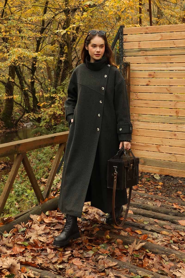 Dik Yaka Kruvaze Kaban Melanj Siyah - 4