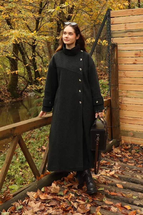 Dik Yaka Kruvaze Kaban Melanj Siyah - 5