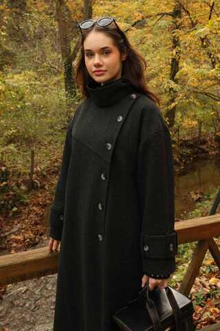 Dik Yaka Kruvaze Kaban Melanj Siyah - 6