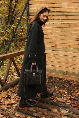 Dik Yaka Kruvaze Kaban Melanj Siyah - 8