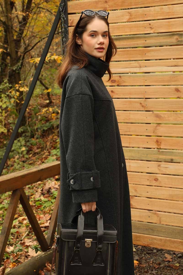 Dik Yaka Kruvaze Kaban Melanj Siyah - 9