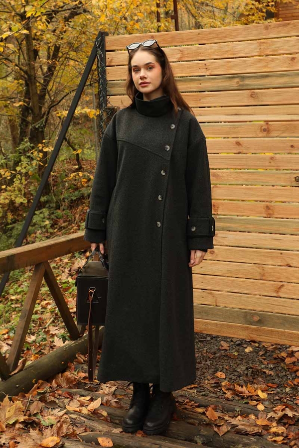 Dik Yaka Kruvaze Kaban Melanj Siyah - 10