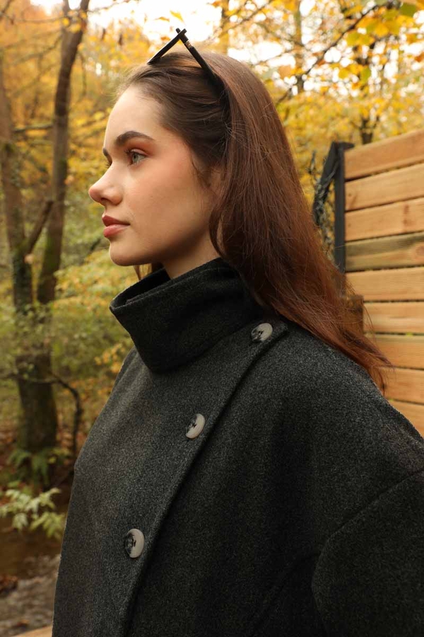 Dik Yaka Kruvaze Kaban Melanj Siyah - 13