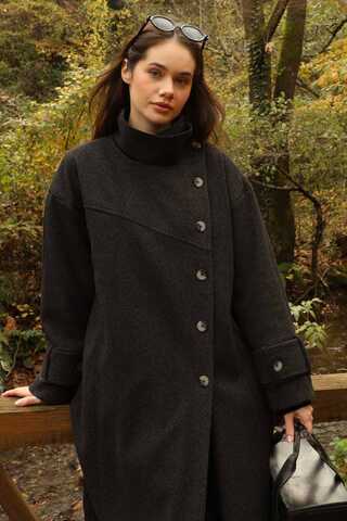 Dik Yaka Kruvaze Kaban Melanj Siyah - 15