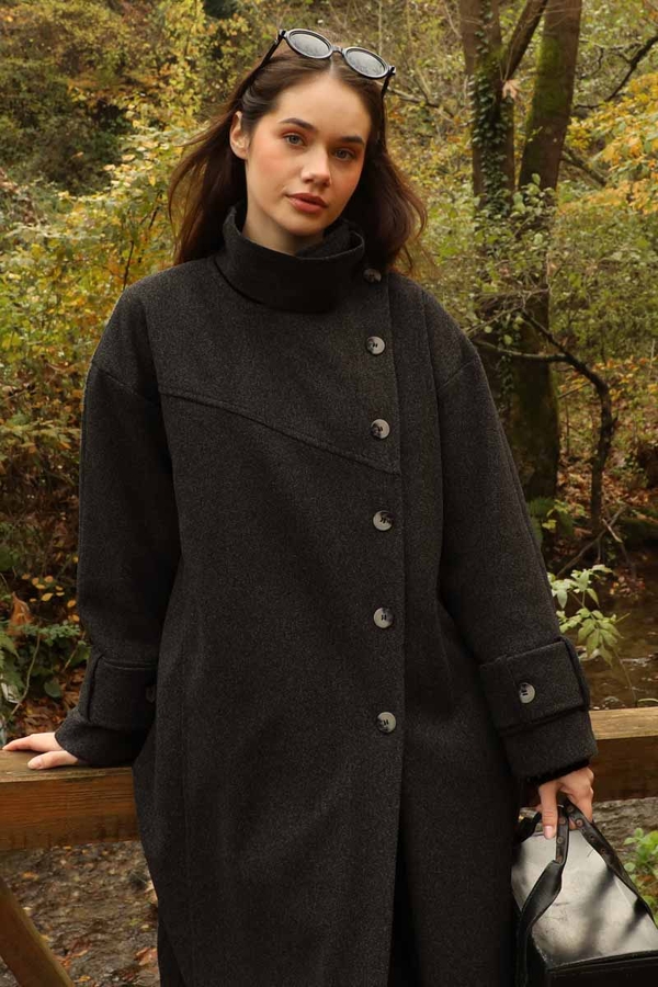 Dik Yaka Kruvaze Kaban Melanj Siyah - 15