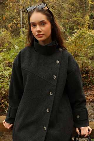 Dik Yaka Kruvaze Kaban Melanj Siyah - 16