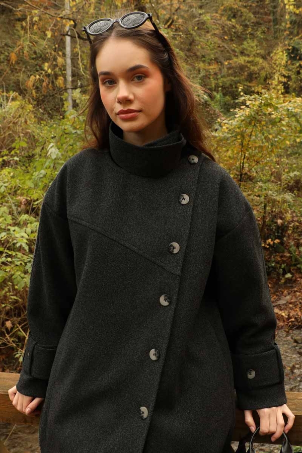 Dik Yaka Kruvaze Kaban Melanj Siyah - 16