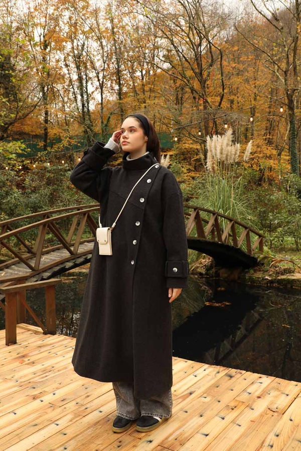 Dik Yaka Kruvaze Kaban Melanj Siyah - 17