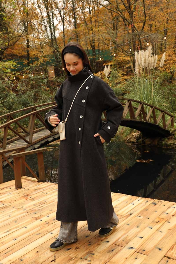 Dik Yaka Kruvaze Kaban Melanj Siyah - 18