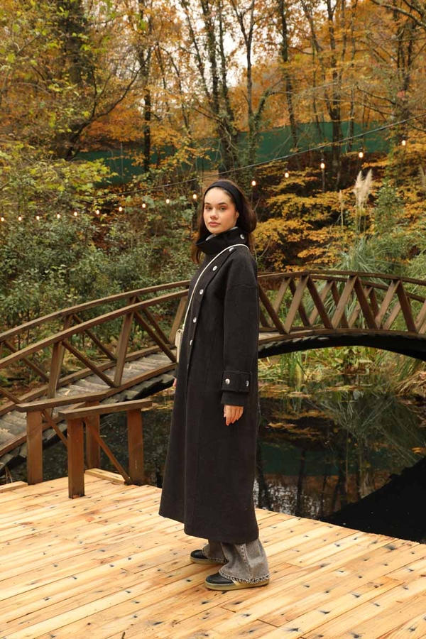 Dik Yaka Kruvaze Kaban Melanj Siyah - 19