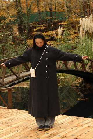 Dik Yaka Kruvaze Kaban Melanj Siyah - 21