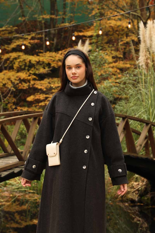 Dik Yaka Kruvaze Kaban Melanj Siyah - 22