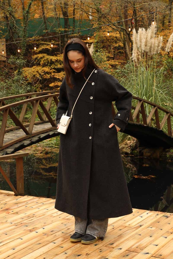 Dik Yaka Kruvaze Kaban Melanj Siyah - 24