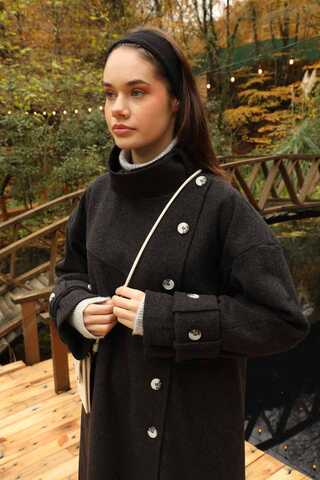 Dik Yaka Kruvaze Kaban Melanj Siyah - 25