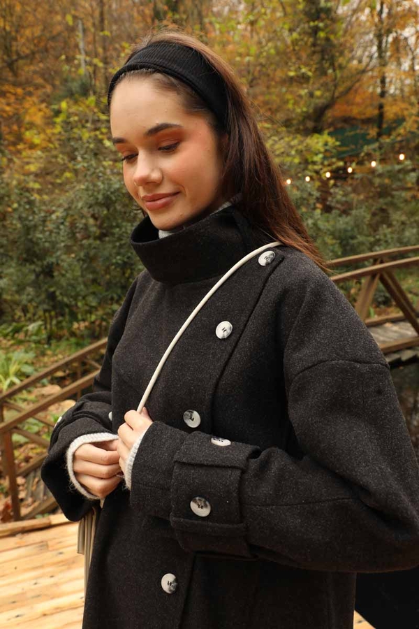 Dik Yaka Kruvaze Kaban Melanj Siyah - 27