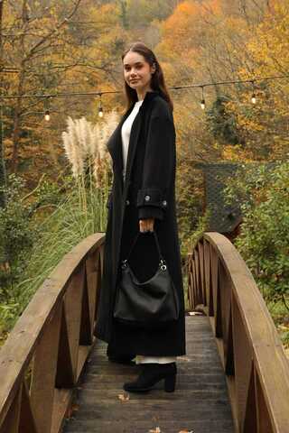 Dik Yaka Kruvaze Kaban Siyah - 2