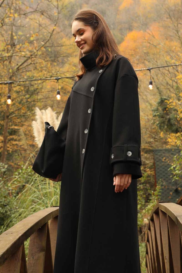 Dik Yaka Kruvaze Kaban Siyah - 4