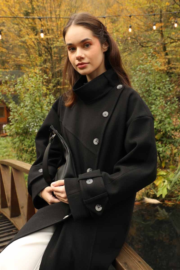 Dik Yaka Kruvaze Kaban Siyah - 7