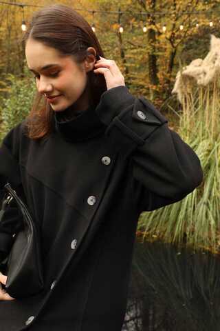 Dik Yaka Kruvaze Kaban Siyah - 9