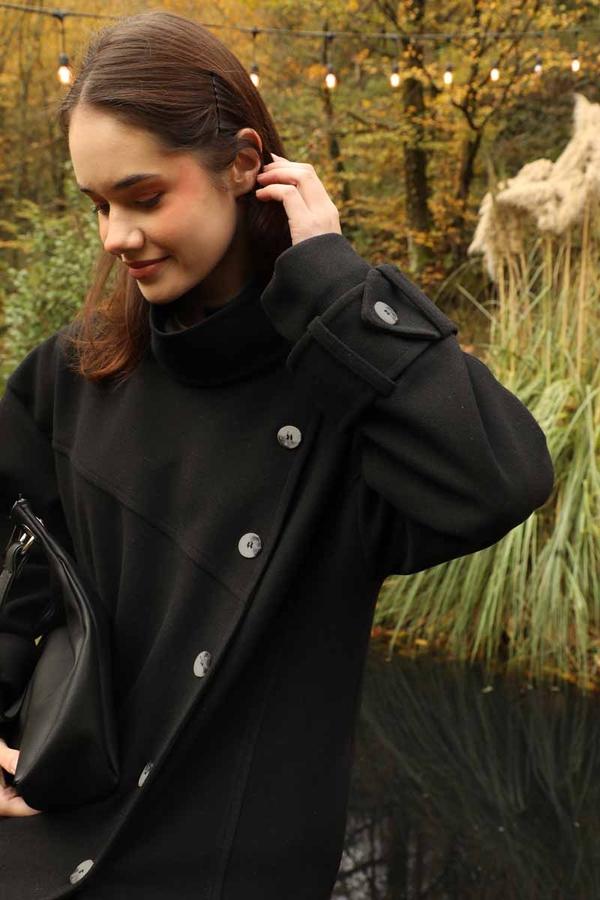 Dik Yaka Kruvaze Kaban Siyah - 9