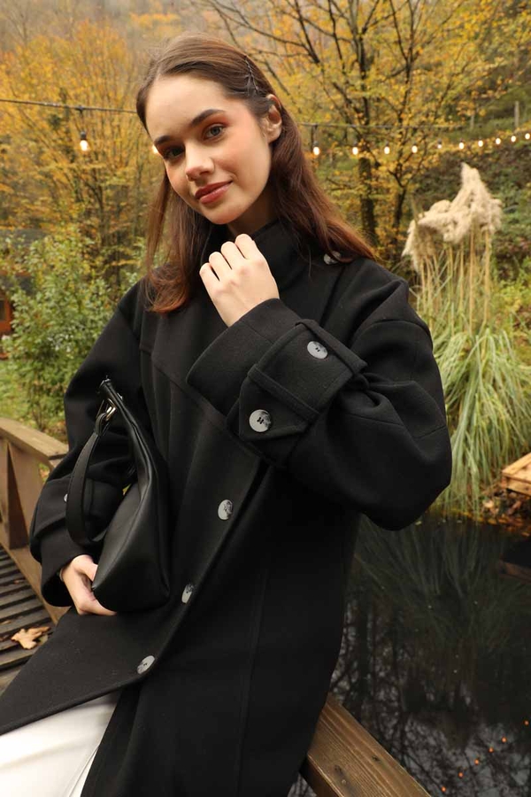 Dik Yaka Kruvaze Kaban Siyah - 10