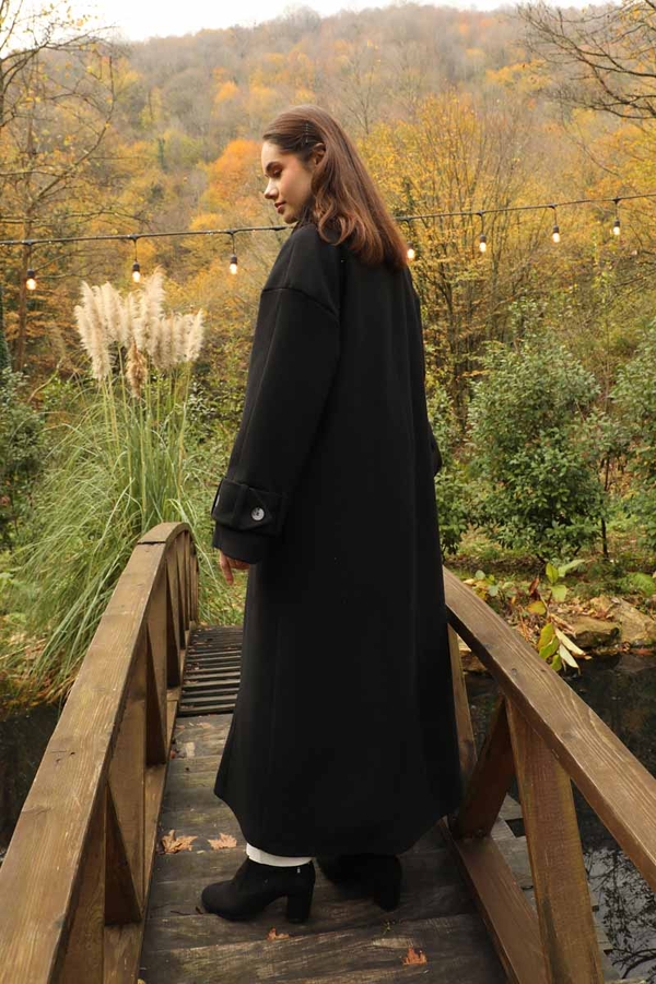 Dik Yaka Kruvaze Kaban Siyah - 11