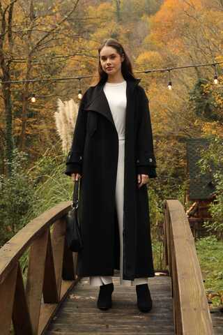 Dik Yaka Kruvaze Kaban Siyah - 1