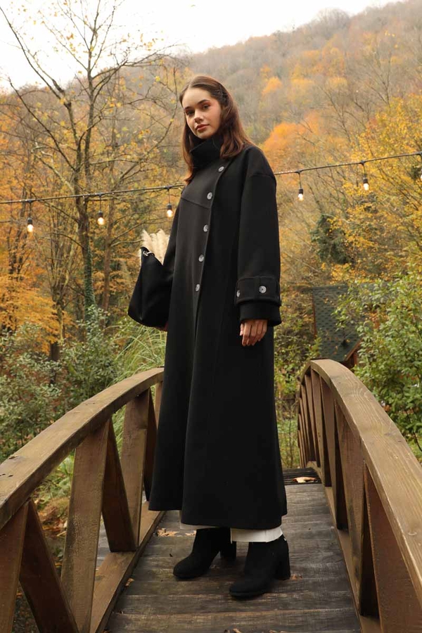 Dik Yaka Kruvaze Kaban Siyah - 3