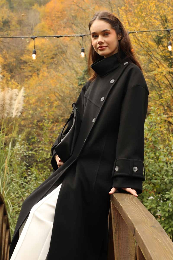 Dik Yaka Kruvaze Kaban Siyah - 5