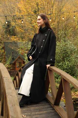 Dik Yaka Kruvaze Kaban Siyah - 6