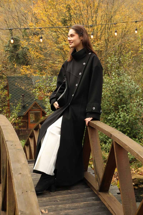 Dik Yaka Kruvaze Kaban Siyah - 6