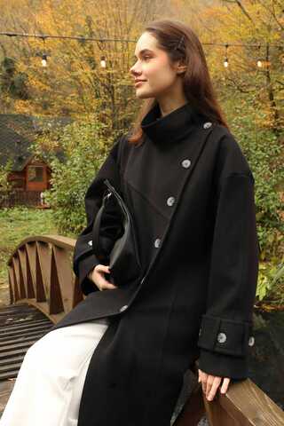 Dik Yaka Kruvaze Kaban Siyah - 8