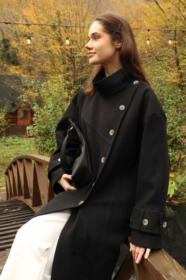 Dik Yaka Kruvaze Kaban Siyah - 8