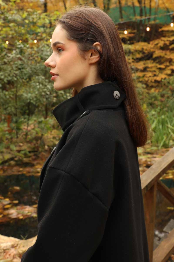 Dik Yaka Kruvaze Kaban Siyah - 12