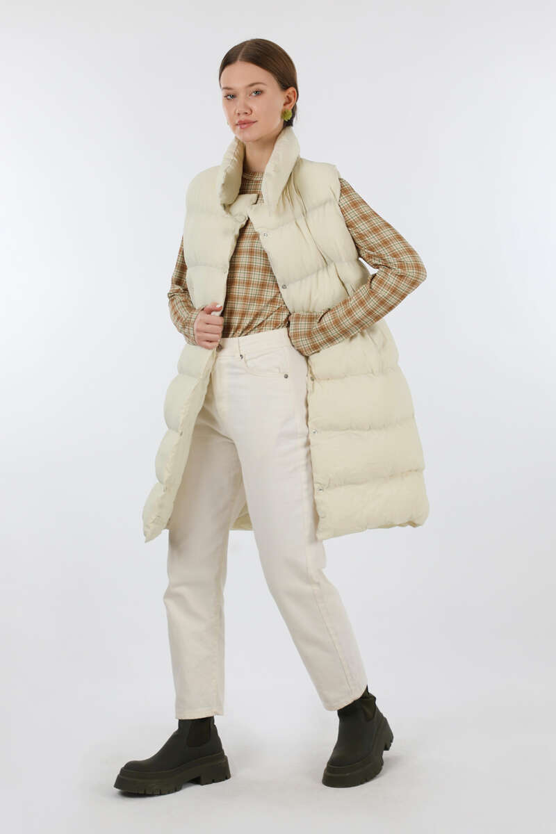 Dik Yaka Şişme Yelek Ekru