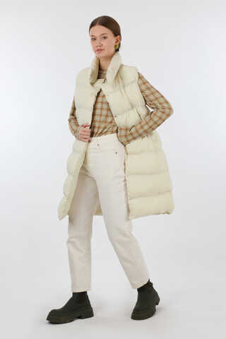 Dik Yaka Şişme Yelek Ekru - 1